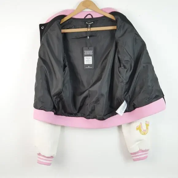 New Women’s True Religion Script Horseshoe Varsity Jacket Size L Pink Academia - Picture 10 of 11